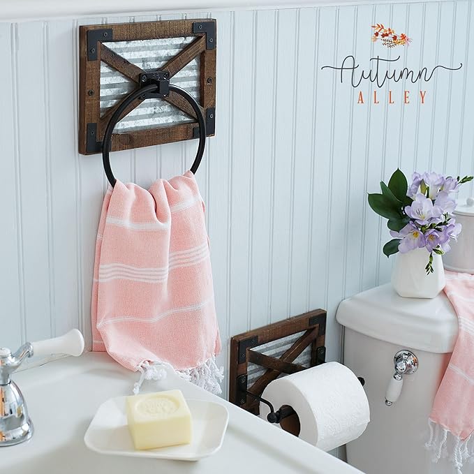 Autumn Alley Farmhouse Hand Towel Ring for Bathroom with Bracket - Bath Towel Rings Holder - Towel Rings for Bathroom Wall Mounted Decor Mix of Wood, Galvanized Metal & Black Rings