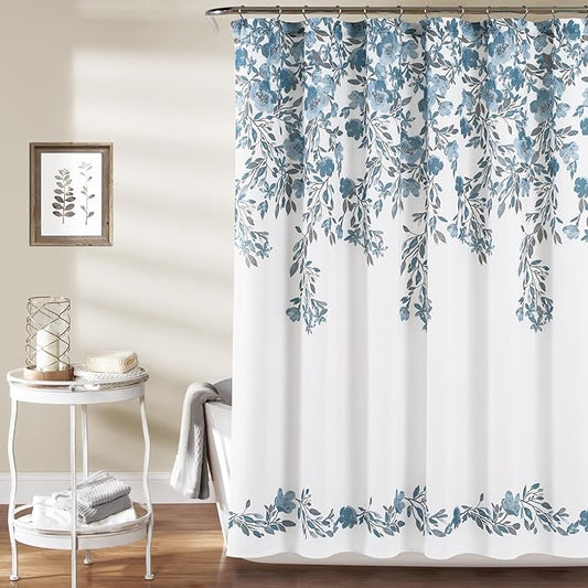 Lush Decor Tanisha Shower Curtain, 72" W x 72" L, Blue & Gray - Light Blue Flower Vine Print - Beautiful & Elegant Floral Shower Curtain - Modern Farmhouse, Cottage & French Country Bathroom Decor