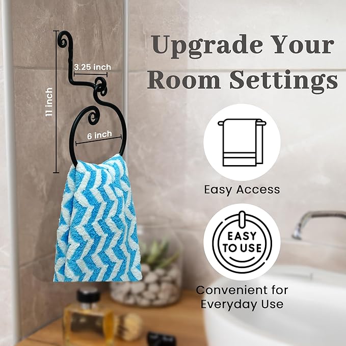 The Metal Magician Round Hand Towel Holder for Bathroom Wall - Kitchen Towel Ring - Aesthetic Design & Heavy Duty Durability - (Ornamental Curve) - (Black)
