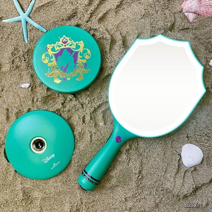 Impressions Vanity Handheld Lighted Makeup Mirror, Disney Princess Ariel LED Hand Mirror with Standing Base, Makeup Vanity Mirrors with Shimmering Button and 3 Color Modes for Travel or Bedroom