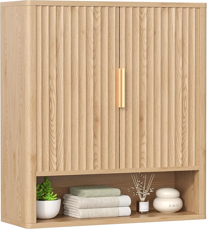 Keehusux 27.6" H Bathroom Wall Storage Cabinet with 2 Fluted Doors, Modern Wall Mounted Bathroom Cabinet with Adjustable Shelf, Curved Profile Medicine Cabinet for Kitchen, Living Room, Natural Oak