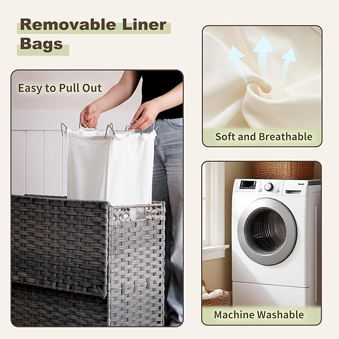 Gitelsnour Laundry Hamper with Lid, 130L (34.4 Gal) Rattan Laundry Hamper 3 Section with 50L(13.2 Gal) Storage Shelf, Wicker Woven Laundry Sorter Basket with 4 Liner Bags and Handles, Natural GLH003N