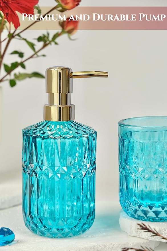 LaMarriti Teal Blue Bathroom Accessories Set, 5Pcs Clear Glass Bathroom Accessories, Hand Soap Dispenser Set, Soap Dish, Toothbrush Holder, Tumbler, Qtip Holder for Crystal Vantage Bathroom Decor