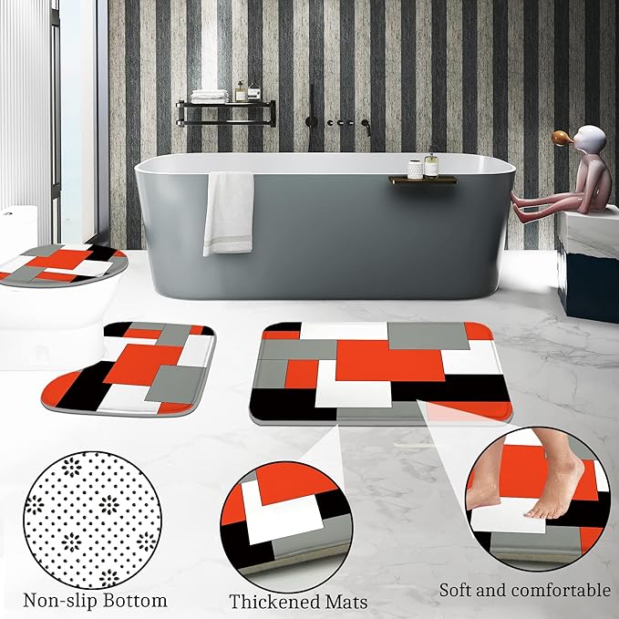 Poedist 4 Pcs Bathroom Decor Shower Curtain Set with Rugs and Accessories,Red and Black Geometric Squares Shower Curtain Sets Include Bath Mat,U Shape and Toilet Lid Cover Mat,with 12 Durable Hooks