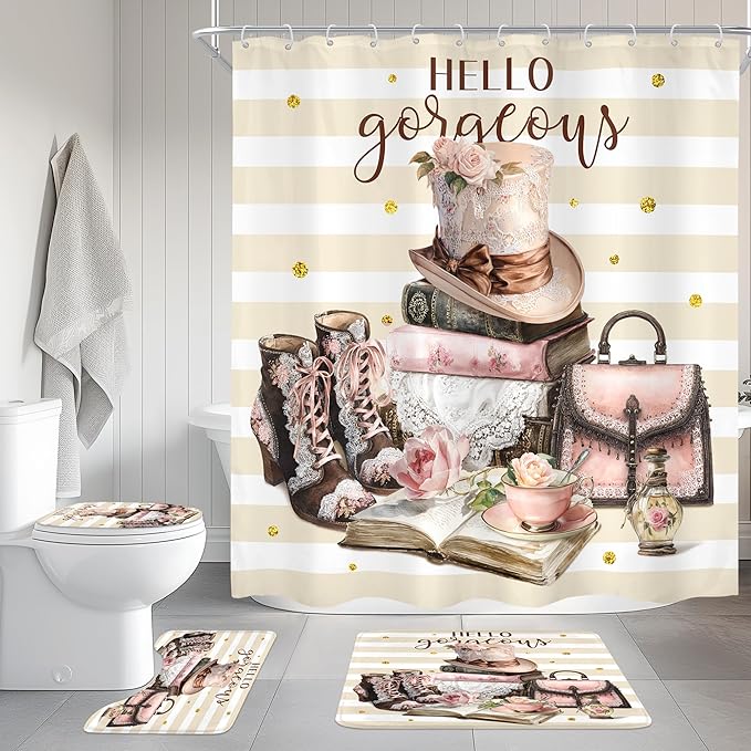Cinbloo 4Pcs Pink Brown Shower Curtain Set, Vintage Fashion Lace Flower Beige White Striped Books Boots Cups Bathroom Curtain with Rug, Toilet Lid Cover, Bath Mat, Women Shower Curtain with 12 Hooks