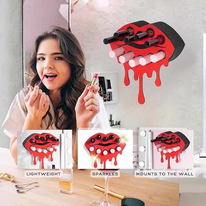 MAKEUP IN PLACE Fearless Lip Lipstick Organizer - Acrylic Lipstick Holder and Organizer for Women Patented Wall Mounted Minimalistic Design Saves Time - Holds 10 Items (Red Shimmer)