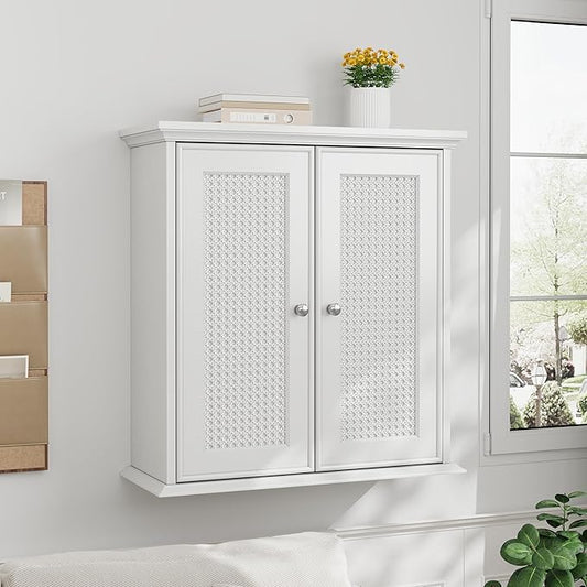 Smuxee White Bathroom Medicine Cabinet, Wall Mounted with Rattan Doors, 22.1" W x 23.6" H x 8.6" D, Adjustable Shelves, Wall Cabinet Over Toilet for Laundry Room Kitchen