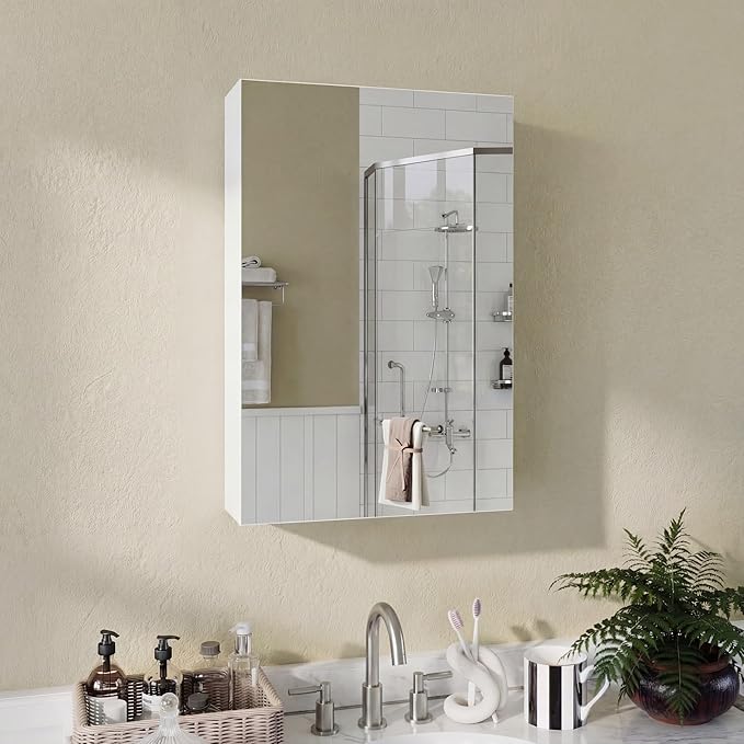 Panana Wall Mounted Bathroom Medicine Cabinet with Mirror, Single Mirrored Door, Adjustable Storage Shelves, Bathroom Wall Storage Organizer (White, 15.7x23.6 inch)