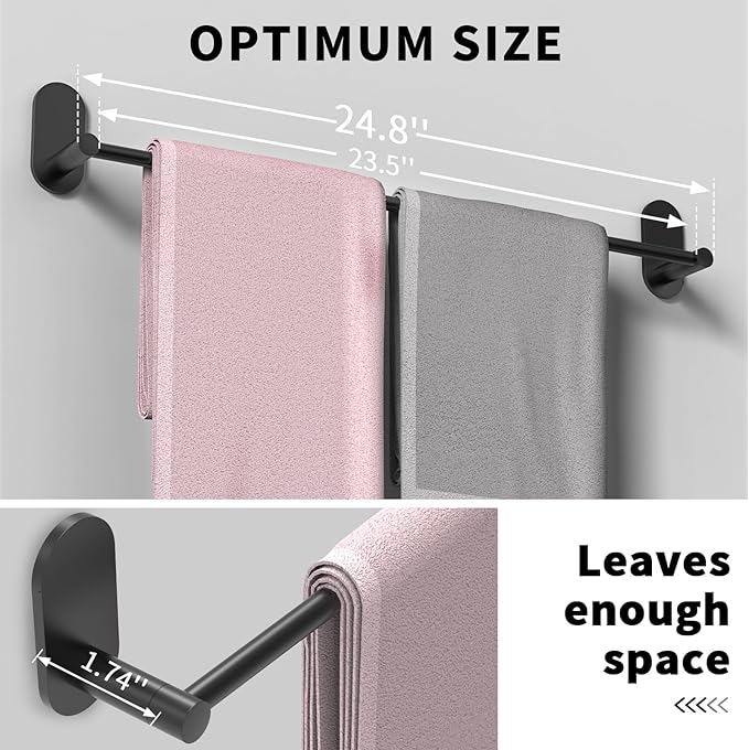 Self Adhesive Towel Bar for Bathroom 24ich Stainless Steel and Zinc Alloy No Drill Towel Rack Heavy Duty Hanger Stick On Hand Towel Holder for Kitchen, Cabinet, Door, Shower, Matte Black