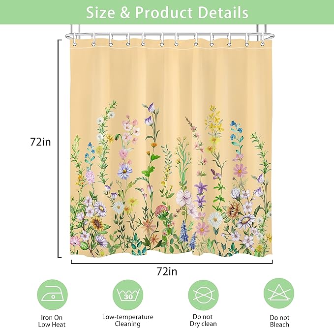 Yellow Floral Flower Shower Curtain Pretty Wildflower Bathroom Shower Curtain Set Boho Cute Shower Curtains Cloth Fabric Shower Curtain