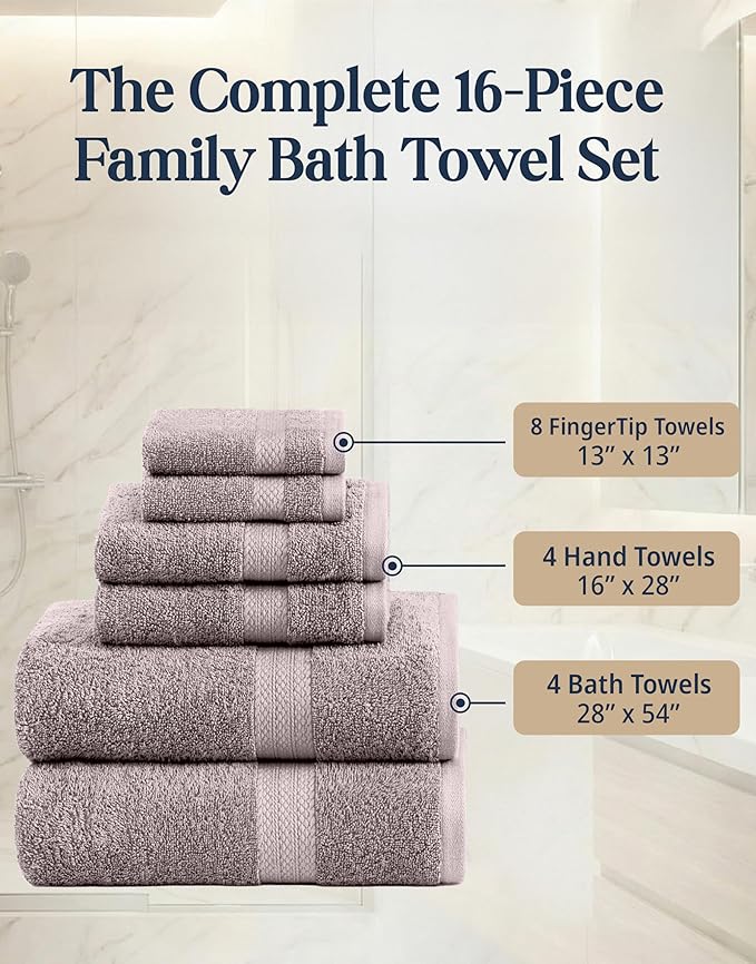 LANE LINEN 100% Mercerized Cotton Bathroom Towel Set - 16 Pcs - Ring Spun, Fluffy, Soft & Highly Absorbent - 4 Bath, 8 Washcloths, 4 Hand Towels - Avaialable in Wide Variety of Colours - Platinum