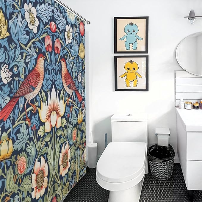 William Morris Shower Curtain,Original Design Vintage Flower Birds Elegant Animal Pattern Print Shower Curtains Sets Polyester Waterproof Fabric Decor Bathroom Curtain 72"×78" Inch With 12 Hooks