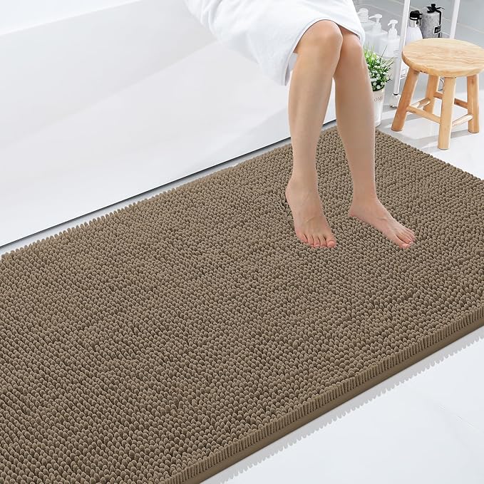 Smiry Luxury Chenille Bathroom Rugs 71x47, Extra Soft and Absorbent Shaggy Bath Mat, Machine Washable, Non-Slip Plush Carpet Runner for Tub, Shower, and Floor, Home Decor Accessories, Camel