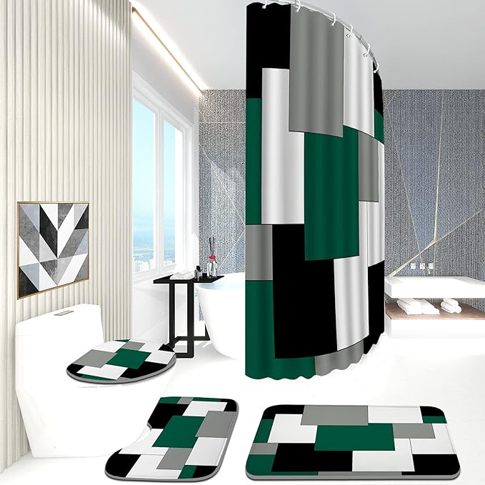 Green Bathroom Set with Shower Curtain and Rugs, 4 Piece Geometric Bathroom Set with Rugs, Incl Shower Curtain with 12 Hooks, Bath Mat, U-Shaped Floor Mat, Toilet Lid Oval Rug