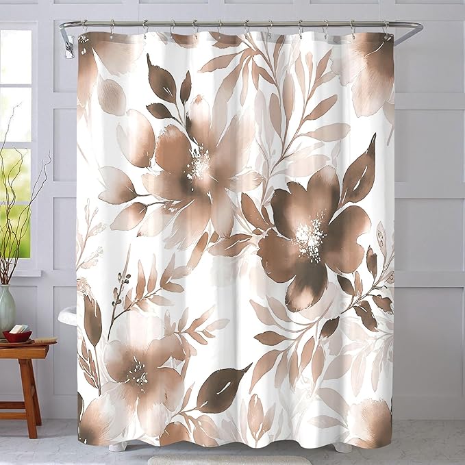 Floral Shower Curtain, Brown Watercolor Flower Shower Curtains for Bathroom, Modern Minimalist Waterproof Fabric Bath Decoration 72x72 Inch