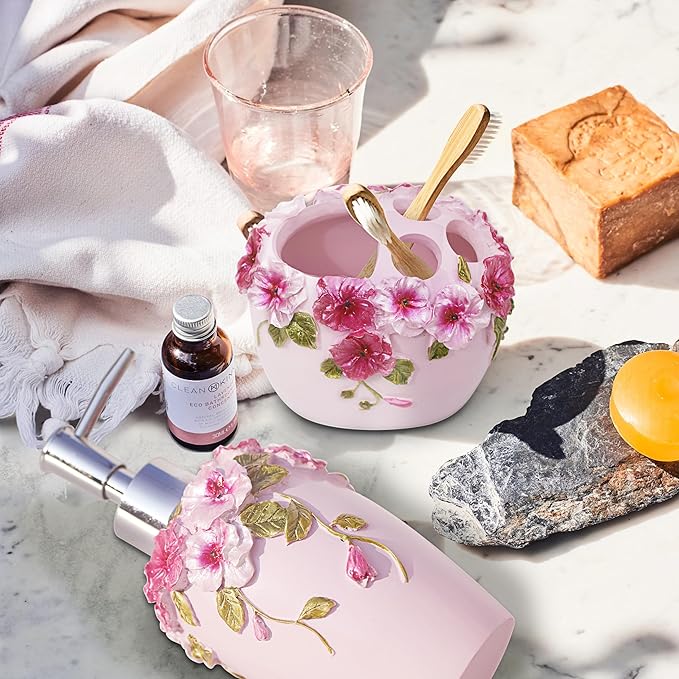 LUANT Vintage Pink Bathroom Accessories, 5Piece Bathroom Accessories Set, Bathroom Set Features, Soap Dispenser, Toothbrush Holder, Tumbler & Soap Dish - Bath Gift Set (Light Pink)