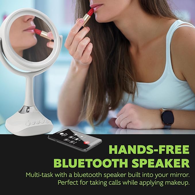 Homewerks 76-101-BT 7.5-inch Personal Makeup Mirror with Bluetooth Speakers and LED Lighting, Handheld Bluetooth Vanity Mirror with Lights for Bathrooms, Bedrooms, or Dorm Room Essentials