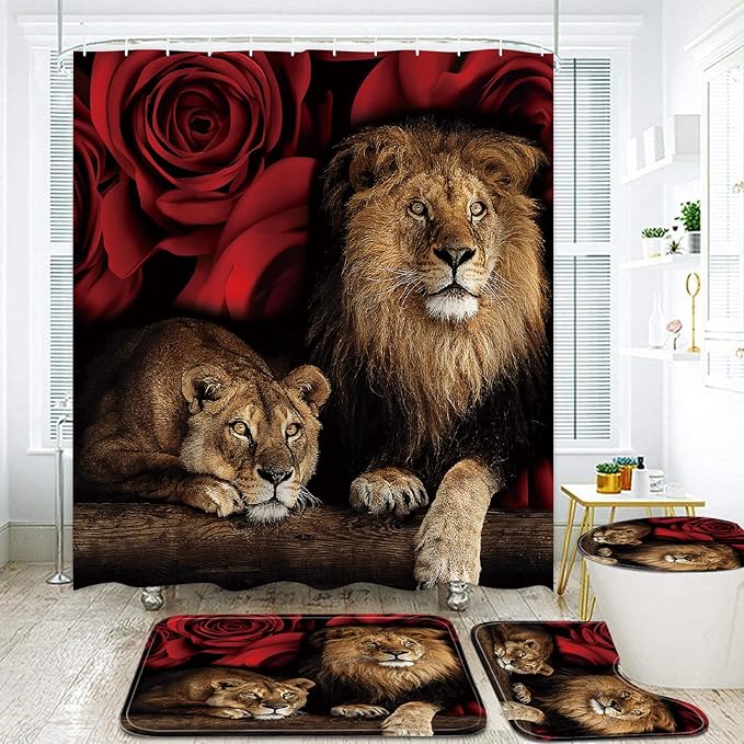 jieprom 4PCS Red Rose and Lion Shower Curtain Bathroom Set with Rugs, Toilet Lid Cover and Bath Mat, Red Shower Curtain with 12 Hooks, Complete Bathroom Accessories Decor Set