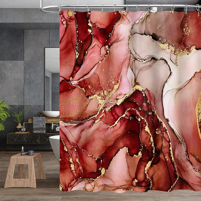 4PCS Burgundy Red Marble Shower Curtain Sets with Rugs, Abstract Bathroom Sets with Shower Curtain Rugs, Luxury Bathroom Curtains Shower Set with Toilet Lid Cover Modern for Bathroom Decor