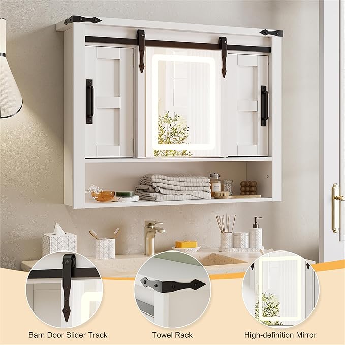 Bathroom Medicine Cabinet with Mirror, Wall Mounted Medicine Cabinet with Color Adjustment LED Lights, Mirrored Over The Toilet Storage Cabinet with Sliding Barn Door & 2 Adjustable Shelf,White