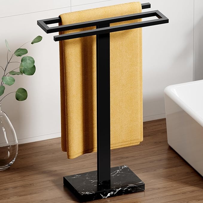 KES Hand Towel Holder Stand, Countertop Towel Stand with Black Marble Base, S-Shape Hand Towel Holder Freestanding for Bathroom 18/8 Stainless Steel All Black, BTH223-BBK
