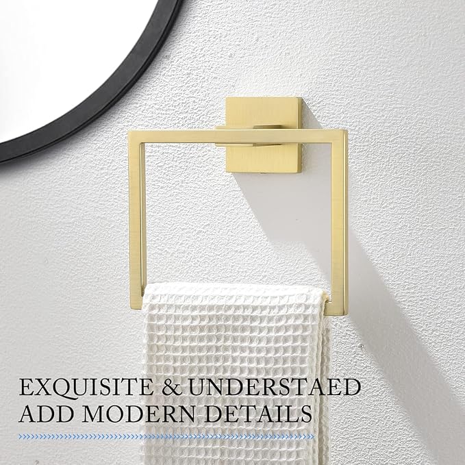 TQKAG Brushed Gold Towel Ring Bathroom Hand Towel Holder Stainless Steel Square Towel Bar Hangers Wall Mounted