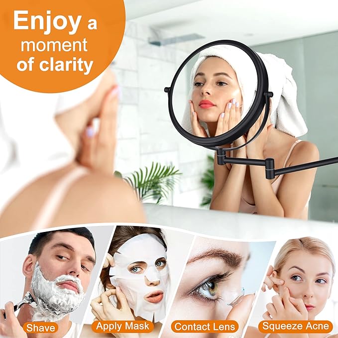 DECLUTTR Wall Mounted Makeup Mirror, 1X/5X Magnifying Mirror Double Sided, 8 Inch Swivel Make Up Mirror for Bathroom, Black