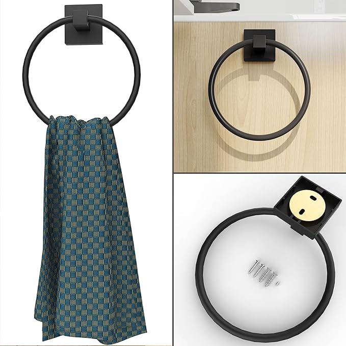 RUACQ Towel Ring-Matte Black Towel Holder Square Base Stainless Steel and Zinc Alloy Modern Wall Mounted