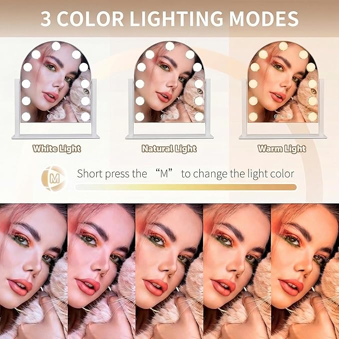 Arched Makeup Vanity Mirror with Lights LED Makeup Mirror Detachable 10X Magnification, Hollywood Make Up Mirror with Lighting, Smart Touch, Rechargeable,360° Rotation, White 18.5"x 14.17"