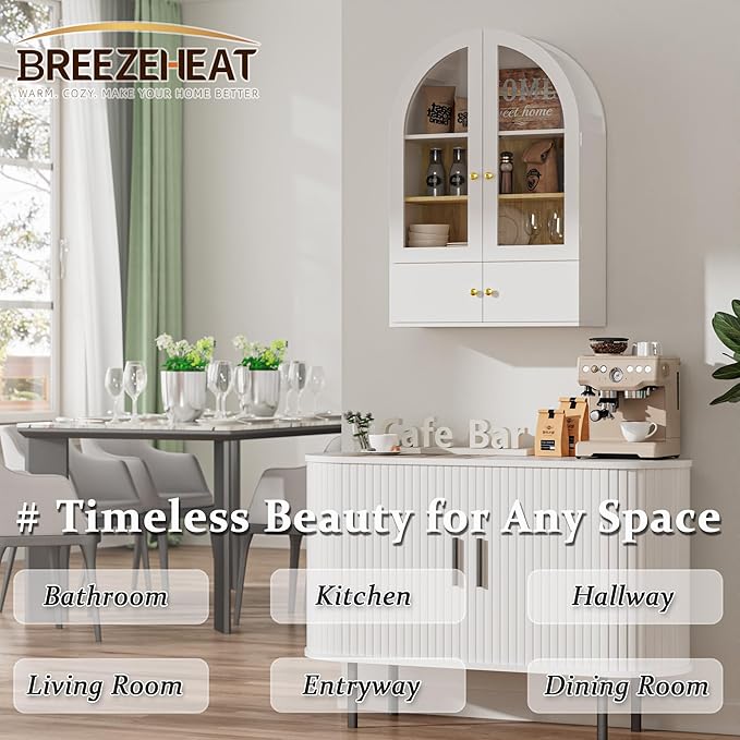 BREEZEHEAT Arched Medicine Cabinet with Extra Storage, Glass Doors & Adjustable Shelf -Wall Mounted Over Toilet Cabinet for Bathroom, Kitchen, Laundry Room, Smooth Glossy White, 23.6x33.5 Inch