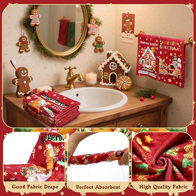 FuWeave 8 Pcs Christmas Shower Curtain Set Xmas Santa Bathroom Decoration Christmas Tree Hand Towels Snowman Toilet Lid Cover Bathroom Rugs Xmas Shower Curtain with Hooks(Gingerbread Man)