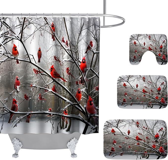 Forest Tree Cute Cardinal Birds on Branch Bathroom Sets with Shower Curtain 72Wx72H and Rugs and Accessories Decor with Bath Mat, U-Shaped Contour Velvet Washable 20 x 31 inches Red White and Brown