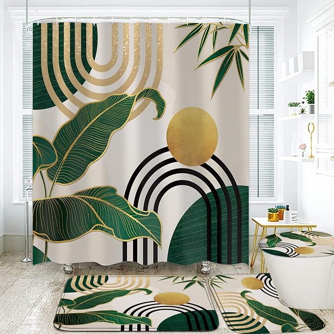 FZDHHY 4Pcs Green Shower Curtain Set, Boho Bathroom Sets, Bamboo Leaf Bathroom Sets with Shower Curtain and Rugs, Shower Curtain with 12 Hooks