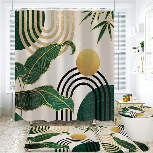 FZDHHY 4Pcs Green Shower Curtain Set, Boho Bathroom Sets, Bamboo Leaf Bathroom Sets with Shower Curtain and Rugs, Shower Curtain with 12 Hooks