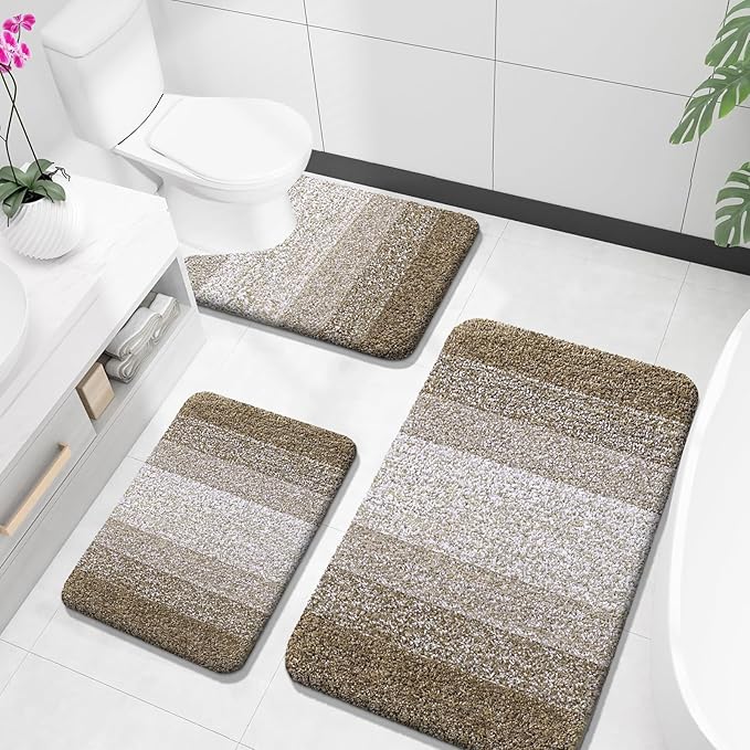 OLANLY Bathroom Rugs Sets 3 Piece, Soft Absorbent Microfiber Bath Mats and U-Shaped Contour Toilet Rug, Plush Shaggy Bath Mat Set for Bathroom (36"x24"+24"x16"+24"x20", Coffe)