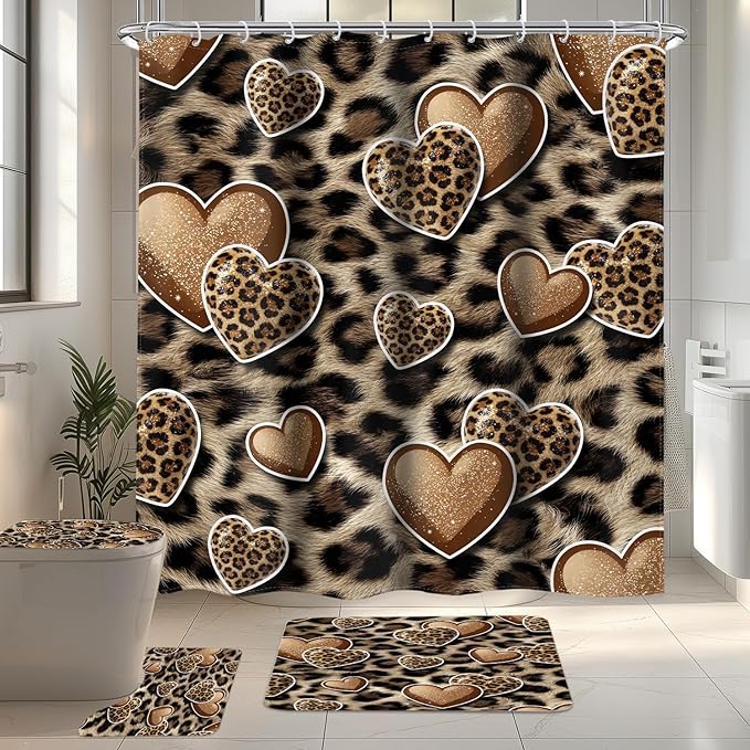 LIGHTINHOME 4 PCS Leopard Print Heart Shower Curtain Set 72Wx72H,Toilet Lid Cover,Non-Slip Rugs and U-Shaped Mat,Wildlife Cheetah Bathroom Sets with Rugs Shower Accessories 12 Hooks for Bathroom Decor