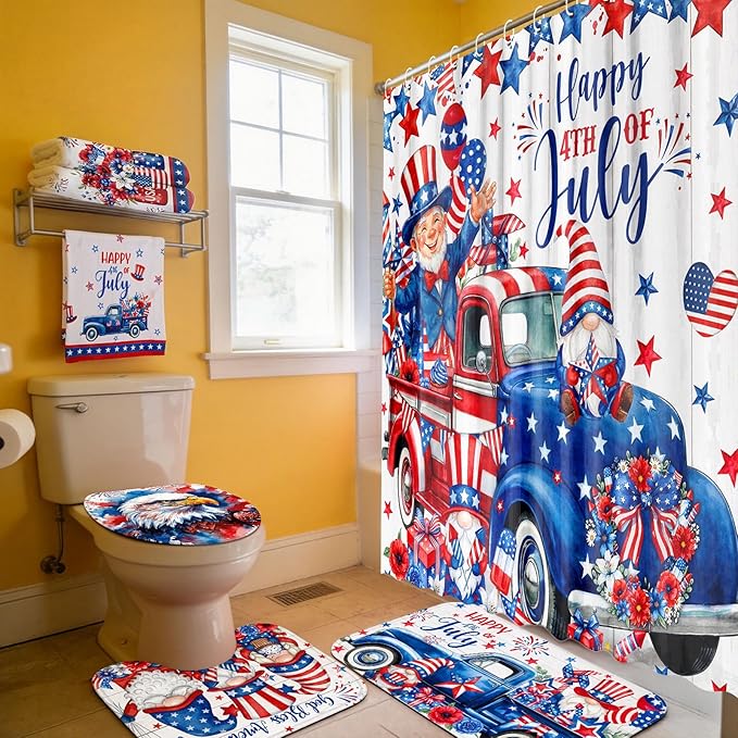 FuWeave 8 Pcs 4th of July Shower Curtain Set for Patriotic Bathroom Decor Include Red White and Blue Gnomes American Flag Shower Curtain Towels Non Slip Rugs Toilet Lid Cover Bath Mat and 12 Hooks