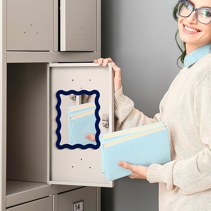 Leinuosen 1 Pcs Scalloped Magnetic Locker Mirror Small Real Glass Makeup Mirror with Magnetic Backing Cute Locker Decorations for Office Cabinet Lockers Accessories (5 x 7 Inch,Navy Blue)