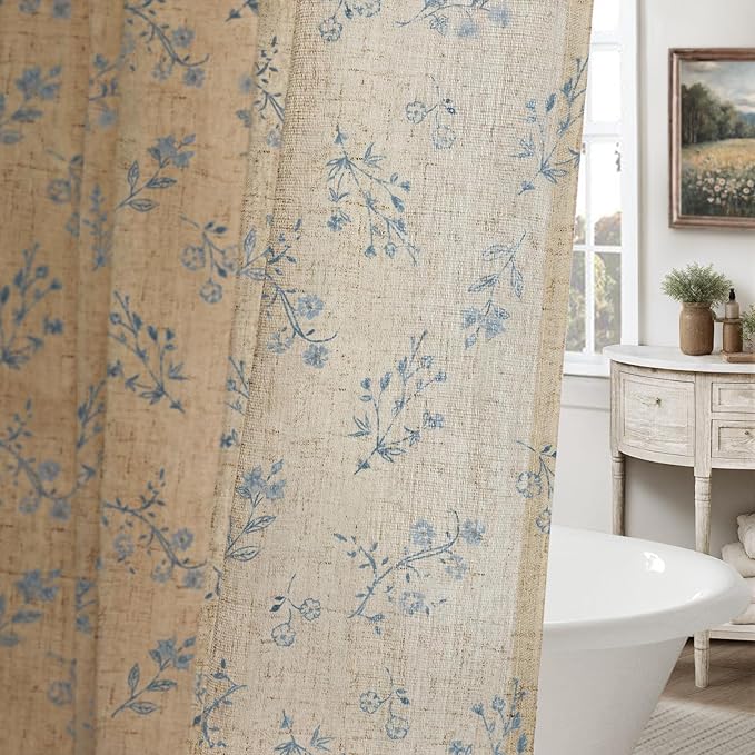 Blue Floral Vintage Linen Shower Curtain, French Country Shower Curtains for Bathroom, 72Wx84H