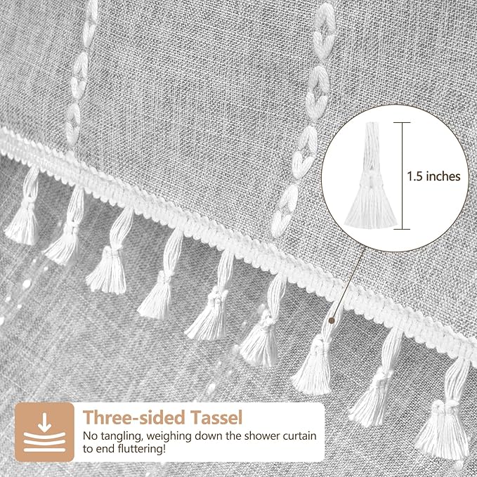 72 x 76 inch Extra Long Boho Chic Shower Curtain Heavyweight with Tassels, Grey Linen Textured Fabric Farmhouse Shower Curtain, Elegant Gray White Striped Bathroom Curtain Water Repellent