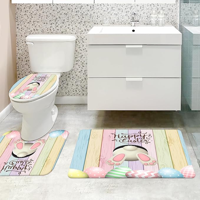 MEHOFOND 4pcs Easter Shower Curtain Sets with Non-Slip Rugs Toilet Lid Cover and Bath Mat Bunny Easter Bathroom Curtain Decor Set with 12 Hooks Waterproof Shower Curtain Set for Bathroom