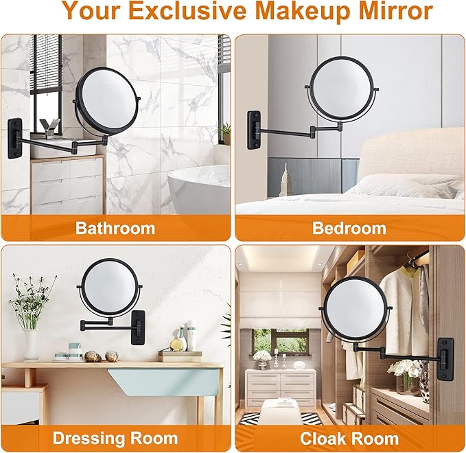 DECLUTTR Wall Mounted Makeup Mirror, 1X/5X Magnifying Mirror Double Sided, 8 Inch Swivel Make Up Mirror for Bathroom, Black