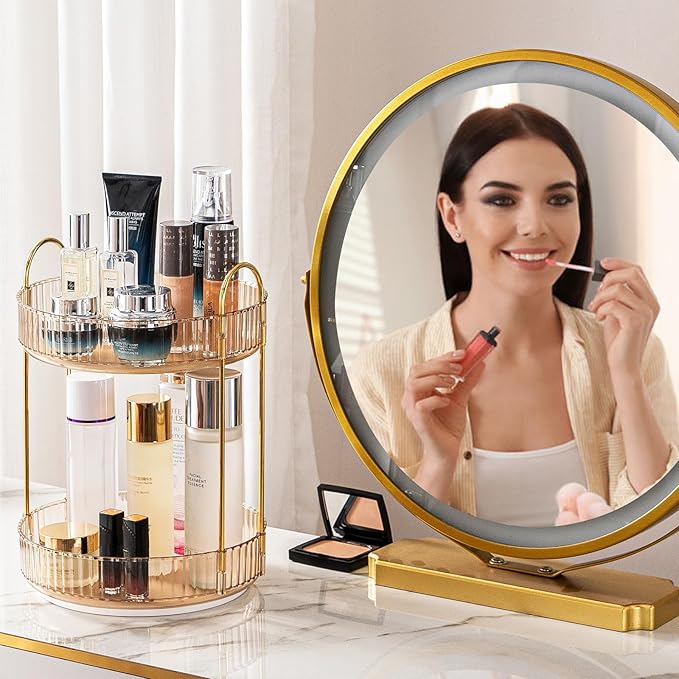 Makeup Organizer for Vanity, 360° Rotating Bathroom Organizer Countertop, High-Capacity Skincare Organizer, Spinning Cosmetics Organizer for Dresser Countertop (2 Tiers, Amber)