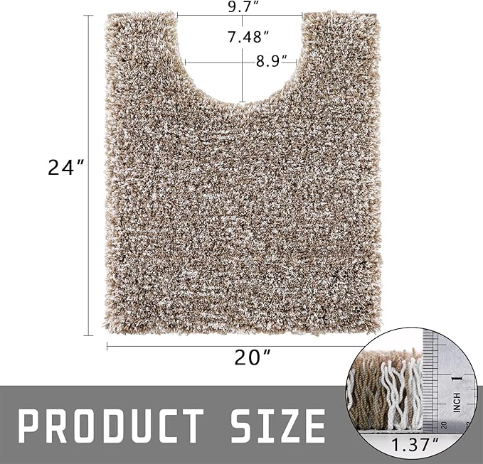 Yimobra Toilet Rugs U Shaped Washable 24x20, Ultra Soft and Water Absorbent Bath Mats, Non Slip Fluffy Shaggy Luxury Microfiber Contour Bath Rugs for Toilet, Dry Quick, Light Brown and White