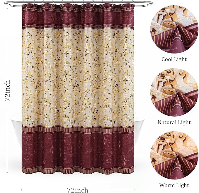Fabric Shower Curtain， Burgundy Wine with Gold Yellow Boho Paisley Damask Print, Waterproof Bathroom Decor, 72" W x 72" H