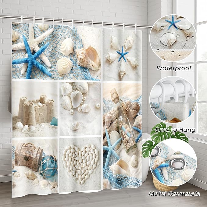 Britimes 4 Piece Shower Curtain Sets, with 12 Hooks, Beach Summer Seashells Sea Shell with Non-Slip Rugs, Toilet Lid Cover and Bath Mat for Bathroom Decor Set, 72" x 72"