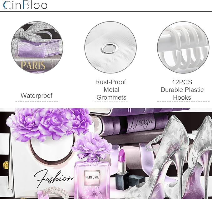 Cinbloo 4Pcs Black and Purple Shower Curtain Set,High Heels Perfume Striped Bathroom Curtain with Rug, Toilet Lid Cover, Bath Mat, Modern Floral Flower Magazine Books Shower Curtain with 12 Hooks