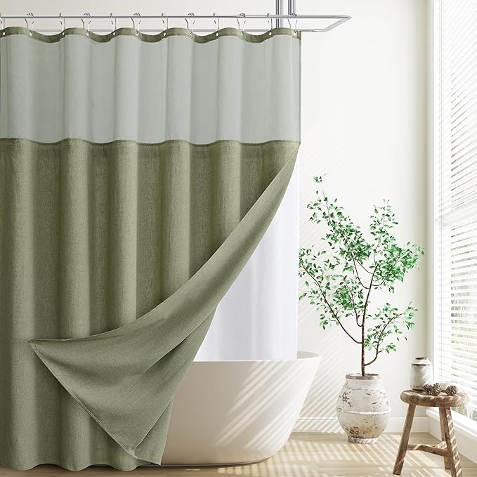 Naturoom Extra Long Linen Shower Curtain, 72x80 Inch Long Neutral Fabric Country Cottage Shower Curtain Set with Liner, Tall Bohemian Farmhouse Bath Curtains for Bathroom Decor,72 x 80 Sage Green