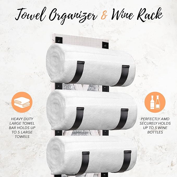 Autumn Alley Farmhouse Towel Holder, Rustic Wine Rack, Rolled Towel Rack, and Wine Holder for Farmhouse Bathroom Accessories Décor, Wall Mounted Towel Rack, Rustic White