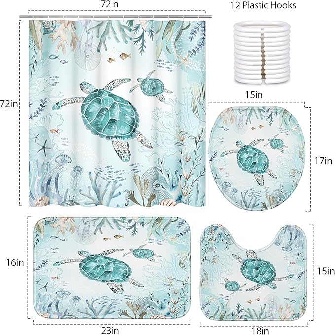 4 Piece Shower Curtain Set, Sea Turtle Waterproof Bathroom Set Accessories with Non-Slip Rugs, Toilet Lid Cover Bath Mat and 12 Hooks, Underwater Coral Starfish Animal Home Decor 72" x 72"